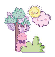 cute rabbit with bow tie bush tree sun cloud cartoon