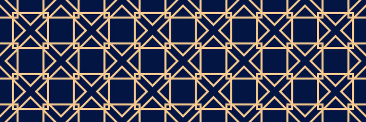 Geometric print. Golden pattern on long dark blue seamless background