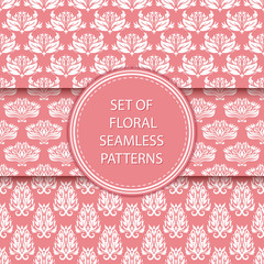 Floral seamless patterns compilation. White designs on pink backgrounds