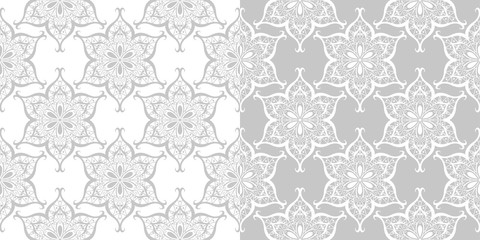 Monochrome seamless patterns compilation. Gray and white backgrounds in indian style