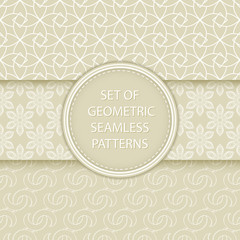 Compilation of seamless patterns. Oriental ethnic white prints on olive green background