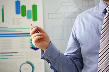 Male hand hold marker on white board problem