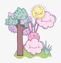 cute pink rabbit cartoon clouds sunny day tree