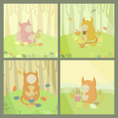 Set of illustrations with cute pink, ginger, yellow horned monsters and mugs of tea in autumn wood. Vector.