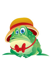 Fototapeta premium green intelligent frog in a hat and tie, interest, character, vector illustration