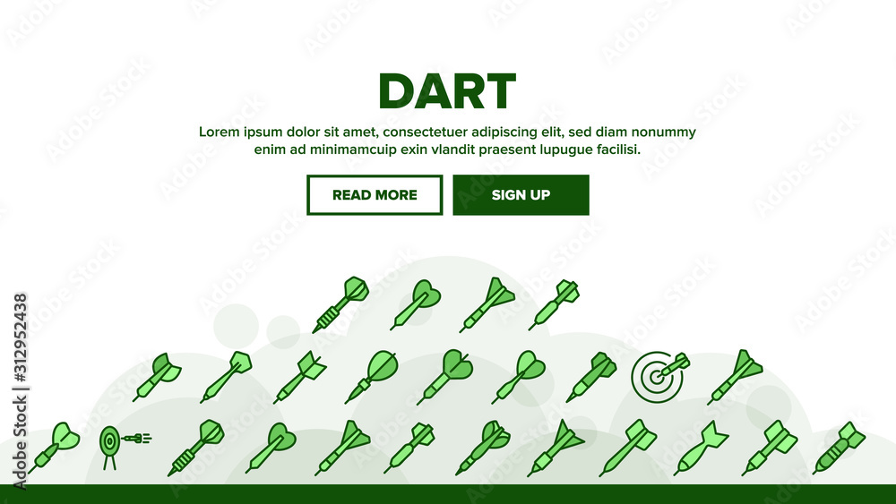 Poster dart for play game landing web page header banner template vector playing equipment with needle and 