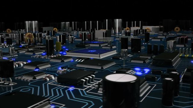 Flying over a futuristic circuit board with moving electrons ending on the CPU. Blue. Technology background. This video is loopable from frame 588 to 851. More options in my portfolio.