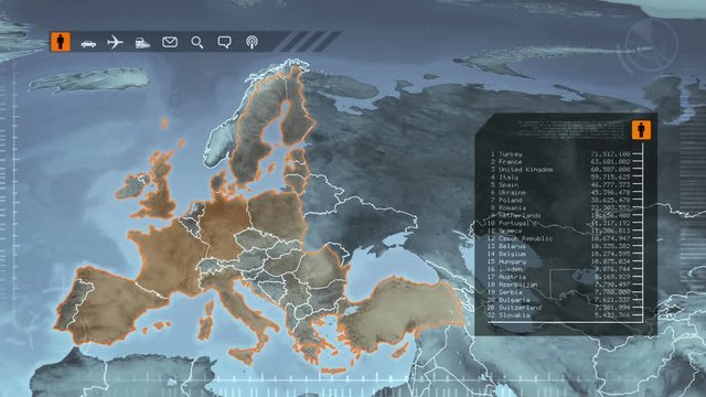 World map with European statistics: Population, Airports, Routes and Railroads. Gray. Highly detailed European map. Loopable. More options in my portfolio. 