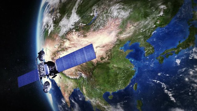 China.  Highly detailed telecommunication satellite orbiting the Earth. 3 videos in 1 file.