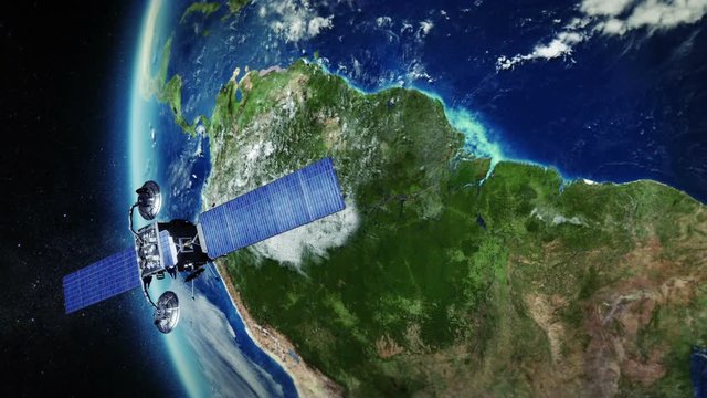 South America. Highly detailed telecommunication satellite orbiting the Earth. 3 videos in 1 file.