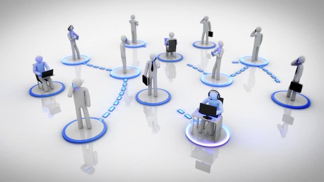 Social network with moving connections. Blue. Animation representing the network concept, every character is connected to each other. Loopable. White background.