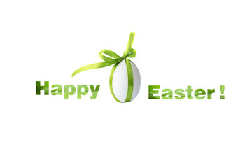 Photo with easter white egg and green ribbon. Happy Easter. 