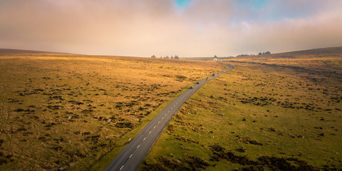 Aerial view of beautiful scenic road in Dartmoor National Park, south west England, UK