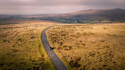 Aerial view of beautiful scenic road in Dartmoor National Park, south west England, UK