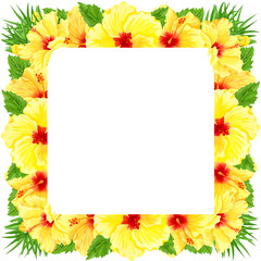 Naklejka na ściany i meble Watercolor frame with yellow hibiscus flowers. Hand drawn floral border with tropical flowers and leaves. Wedding invitation, greeting card, design. Sunny flowers.