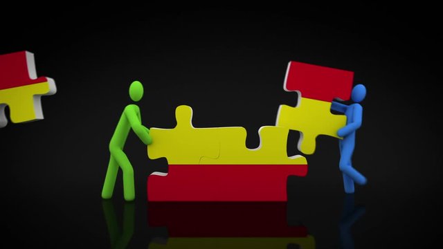 Spanish flag puzzle. Black background. 2 videos in 1 file. 3D characters doing a Spanish flag puzzle over black background.
