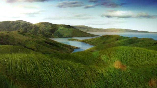 Green grass over cloudy timelapsed sky. Loopable. Long grass waving in the breeze. Idyllic landscape with a lake and mountains. Nature background. More options in my portfolio.
