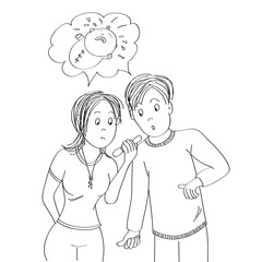 Confused, surprised and unhappy young couple looking at the positive pregnancy test, imagining crying baby - original hand drawn illustration
