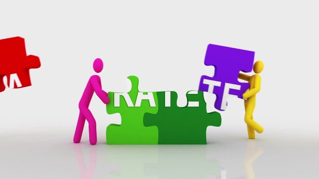 Strategy puzzle. White background. 2 videos in 1 file. 3D characters doing a puzzle with the word STRATEGY over white background.