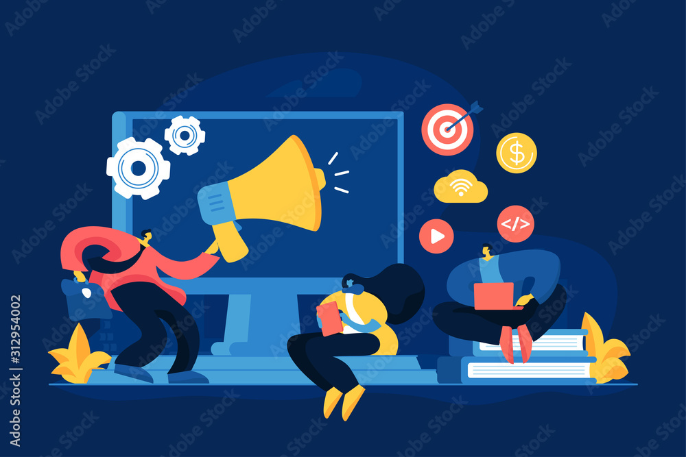 Poster digital marketing benefit. web analytics. programmers working in team. marketing activity. attributi