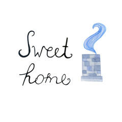 watercolor picture with chimney. Sweet home. Beautiful winter postcard design. Logo.