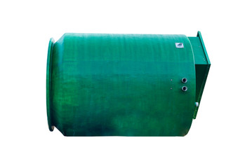 Isolated huge, large green metal water and liquids barrel storage industrial container