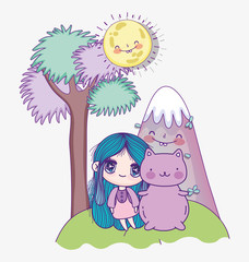 kids, cute little girl anime cartoon and cute cat mountain tree sunny day
