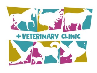Veterinary clinic logo. Variety of animals. Stylization. Icons.