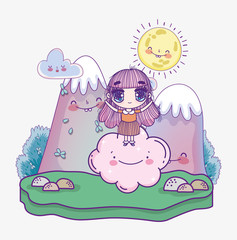 kids, cute little girl anime on cloud cartoon mountains sun