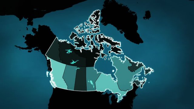 Canadian map with Airports, Roads and Railroads. Blue.  This video is entirely loopable and also has 2 loopable sequences from frame 80 to frame 465 and from frame 465 to frame 805.