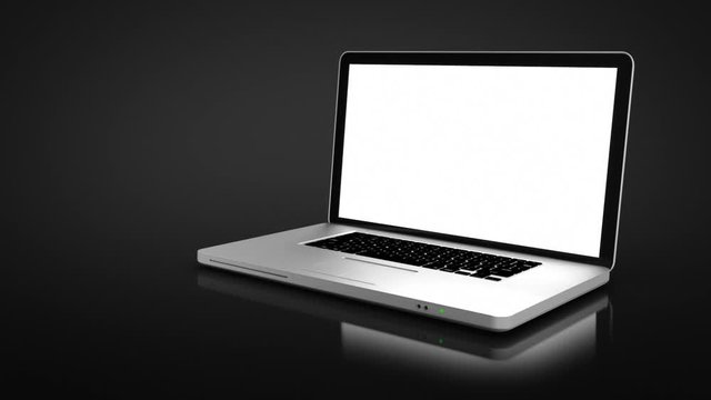 Laptop animation. Spinning. Black background. Aluminum laptop with frontal DVD spinning and opening. The white display is perfect for tracking and adding you own photos or videos. 
