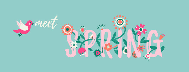 Hello spring banner with cute flowers and flying bird. Floral background. Printable banner with text. Cartoon flat illustration.