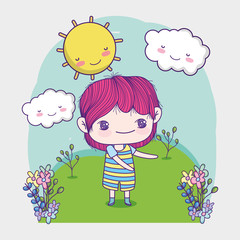 kids, cute little boy with striped clothes landscape nature