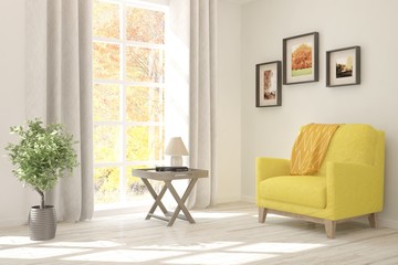 White stylish minimalist room with armchair and autumn landscape in window. Scandinavian interior design. 3D illustration