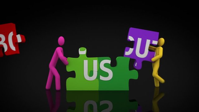 About us puzzle. Black backgrounnd. 2 videos in 1 file. 3D characters doing a puzzle with the words ABOUT US over black background.