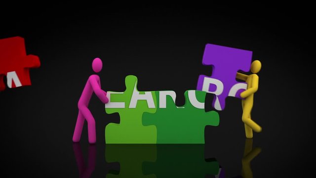 Search puzzle. Black Background. 2 videos in 1 file. 3D characters doing a puzzle with the word SEARCH over black background