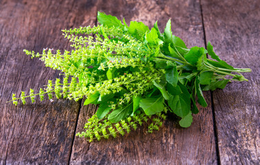 Holy Basil leaves on a wooden table