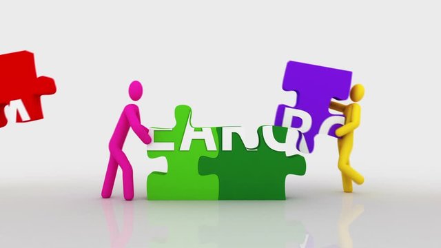 Search puzzle. White Background. 2 videos in 1 file. 3D characters doing a puzzle with the word SEARCH over white background.