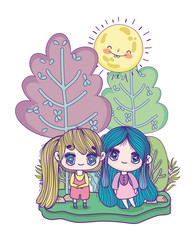 kids, cute little girl anime cartoon characters trees sunny day
