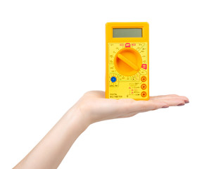 Yellow plastic multimeter, electric tester tool. Isolated on white.