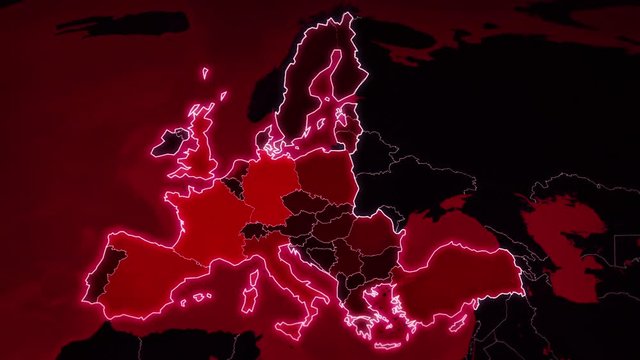 World map with European Airports, Roads and Railroads. Red. Highly detailed European map showing: city airports, routes and railroads.