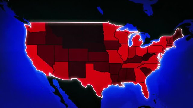 US map with Airports, Roads and Railroads. Blue-Red. Map showing: city airports, Interstate Routes and Railroads. Video  entirely loopable. Also has a loopable sequence from f 80 to f411. 