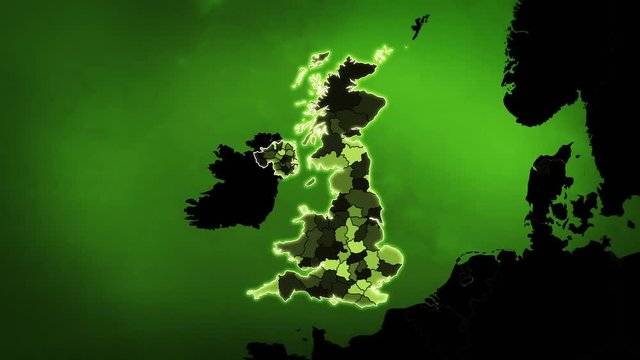 United Kingdom map with Administrative Units, Airports and Roads. Green. This video is entirely loopable and also has 2 loopable sequences from frame 80 to 460 and from  frame 461 to 804.