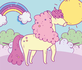 cute unicorn rainbow landscape sun fantasy magic cartoon
