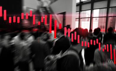 stock technical chart in bearish market and candlestick price down with blurred business people on...