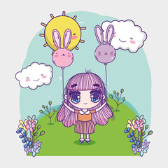 kids, little girl anime cartoon with balloons shaped rabbits landscape