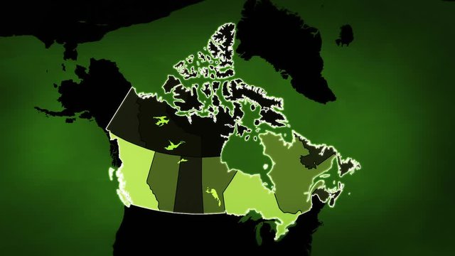 Canadian map with Airports, Roads and Railroads. Green. This video is entirely loopable and also has 2 loopable sequences from frame 80 to frame 465 and from frame 465 to frame 805.