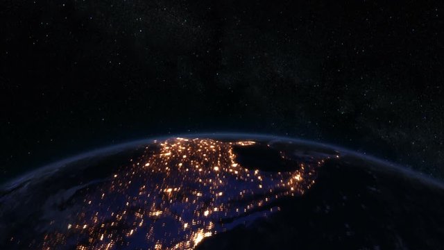 Spinning Earth at night, Northern Hemisphere. Loopable. Beautiful view of the Earth at night with major cities lights.
