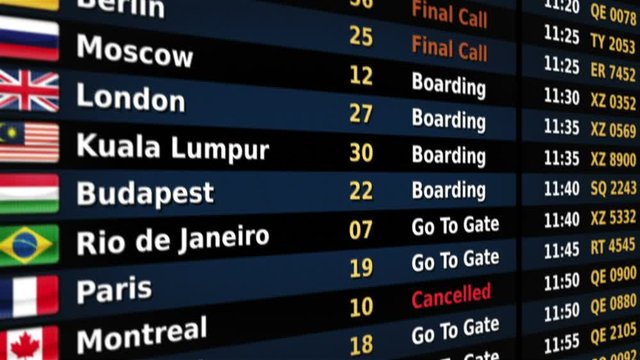 Airport departure board. Black and Blue. 2 videos in 1 file. Airport departure board showing time, flight number, city and country flag of the flight. Lateral and frontal view. Loopable. 
