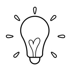 Vector light bulb icon with concept of idea. Doodle hand drawn sign. Illustration for print, web